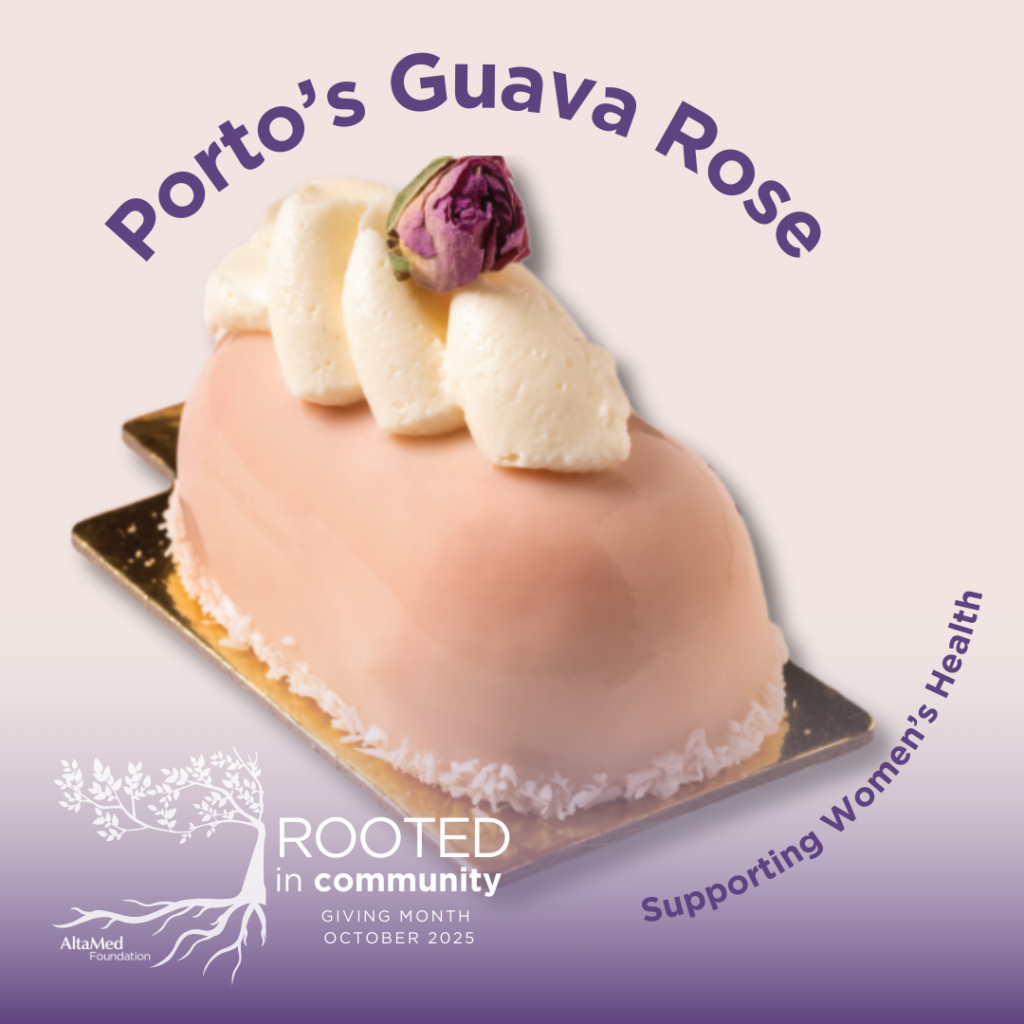 Portos Guava Rose text and image. Giving Month Rooted in Community AltaMed Foundation